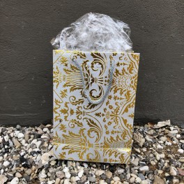 Gavepose, grå m. guldmønster, 25x18x8 cm