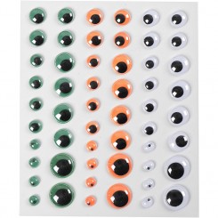 Rulleøjne, diam. 6+8+10+12+15 mm, 54 stk., grøn, hvid, orange, 1ark