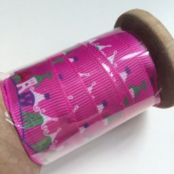Bomuldsbånd, 15mm, pink med huse, 3m