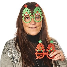 Briller, plast, med glimmer filt juletræer