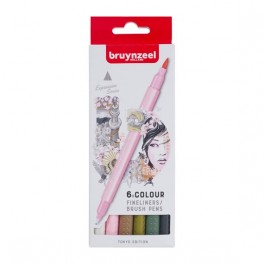 Bruynzeel Fineliner Brush pen sæt, 6 farver, Tokyo