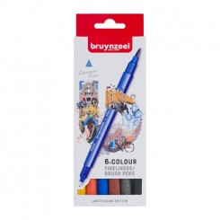Bruynzeel Fineliner Brush pen sæt, 6 farver, Amsterdam