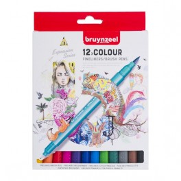 Bruynzeel Fineliner Brush pen sæt, 12 farver