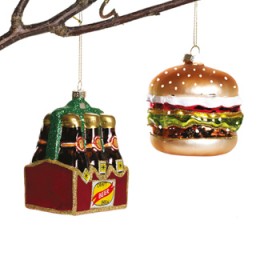 Julefigur, Glaspynt, burger eller ølkasse, med snor,  2 ASS.