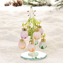 Glas juletræ med farvrige kugler med sne, 13cm