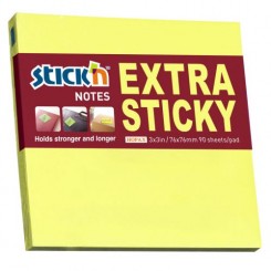 Stick'n selvklæbende notesblok, ekstra sticky, 76x76mm, gul