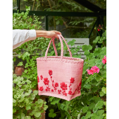 Rice, Lille Raffia Taske, Pink, Red Flowers Design 